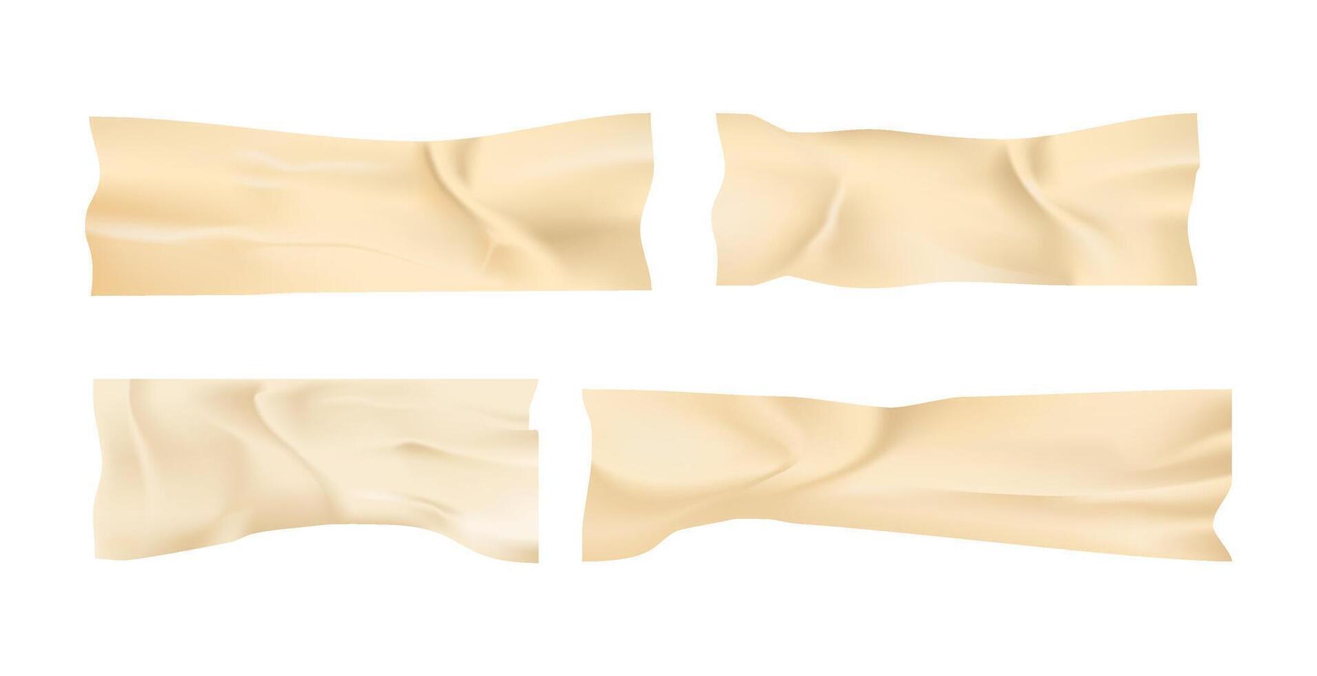 Realistic wrinkled adhesive tape strips set in beige color, isolated on a white. Textured and creased masking tape pieces for design projects,scrapbooking,digital collages,creative compositions. vector