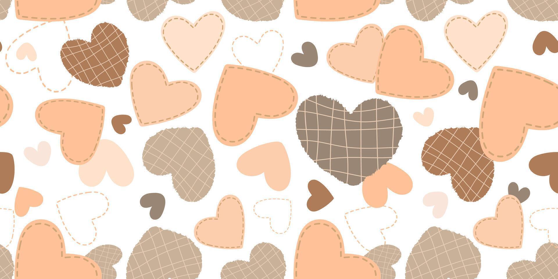 Seamless pattern featuring hearts in warm beige, brown tones with stitched and patchwork textures. Ideal for fabric prints, wallpapers, scrapbooking, greeting cards, wrapping paper,backgrounds. vector