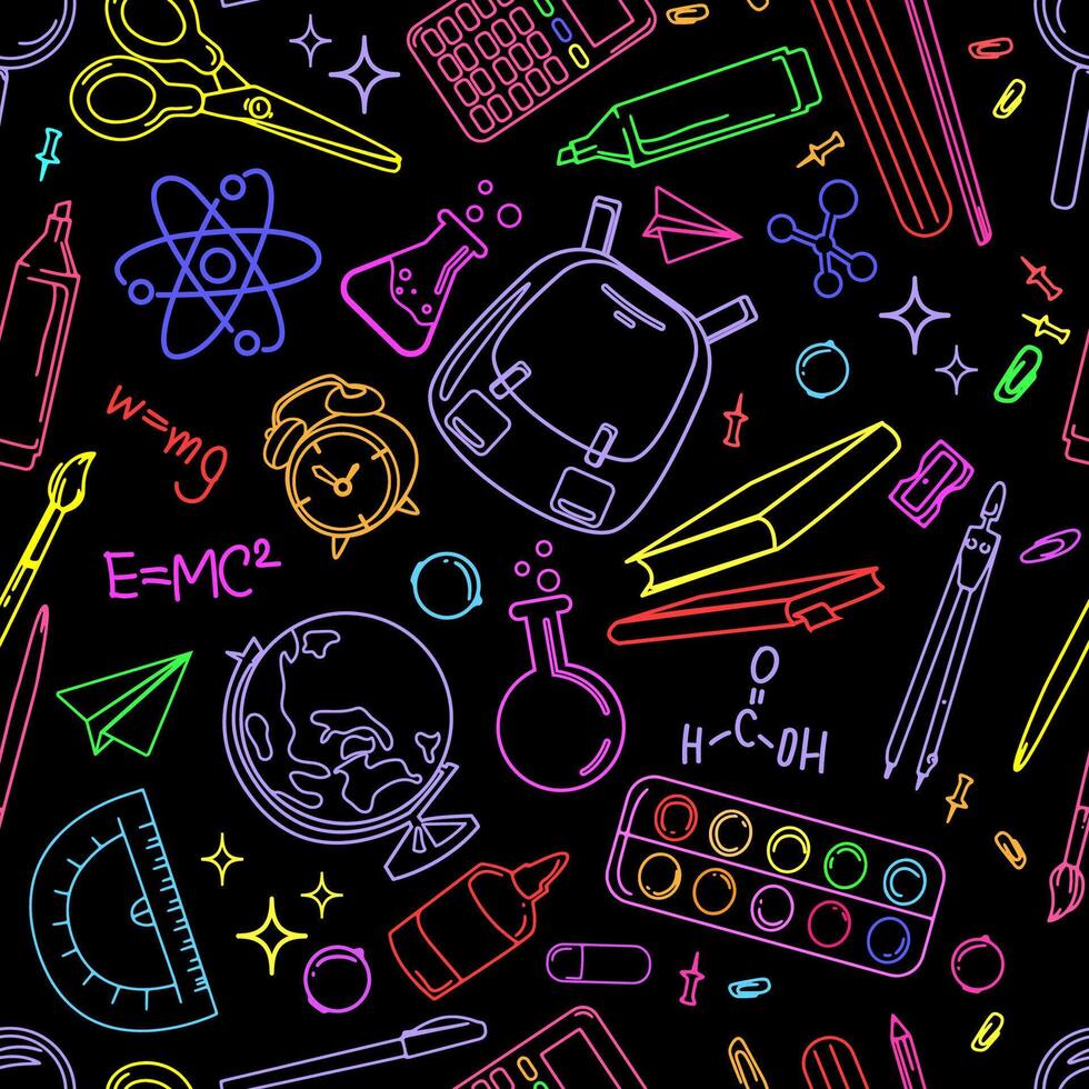 Seamless pattern with bright school supplies, science symbols,educational elements.backpacks,books, globes, mathematical formulas. for backgrounds, stationery, textile, wrapping, school designs. vector