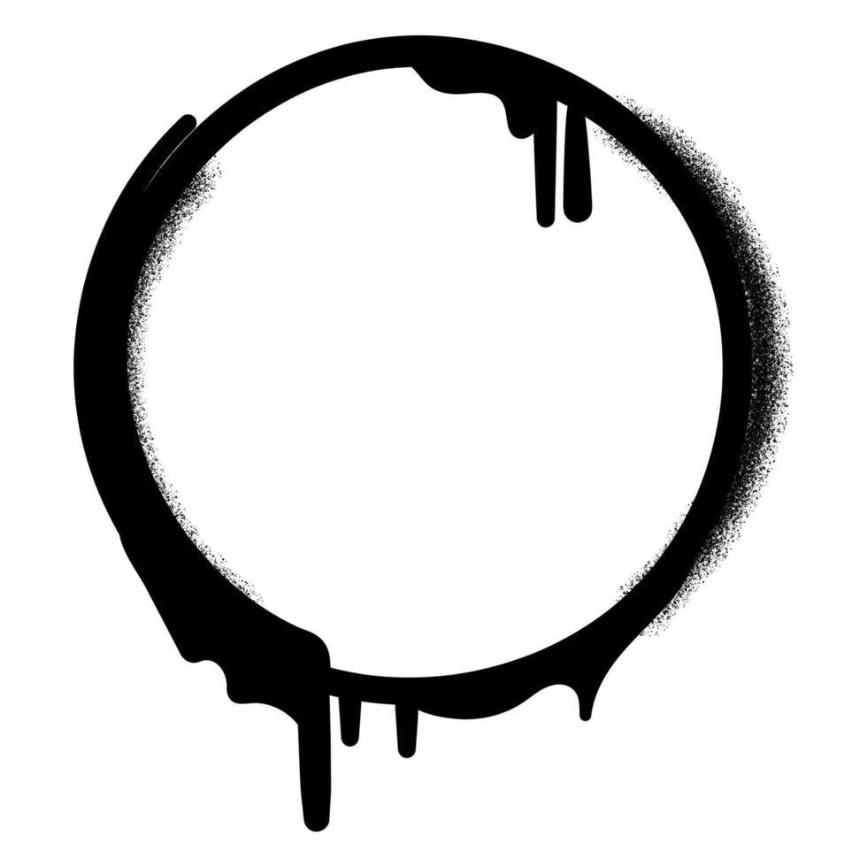 Black circular frame with dripping paint and grunge spray texture, inspired by graffiti and street art. Perfect for urban designs, logos, labels, posters, stickers, social media graphics. vector