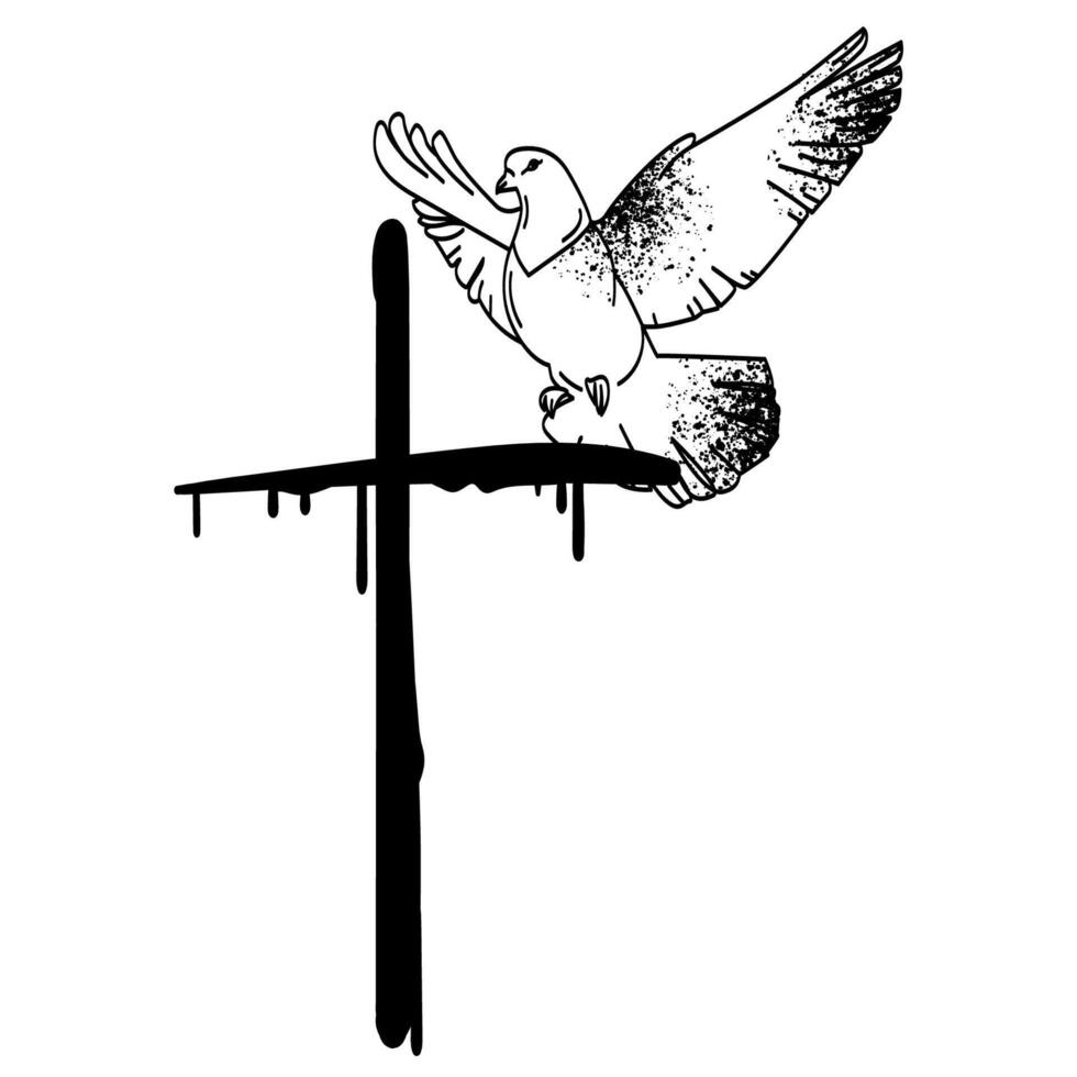 Christian cross a dove in flight Minimalist style religious drawing.Symbolizing faith, peace, and spirituality, for religious art, tattoos, logos. Suitable for Easter and Pentecost. illustration vector