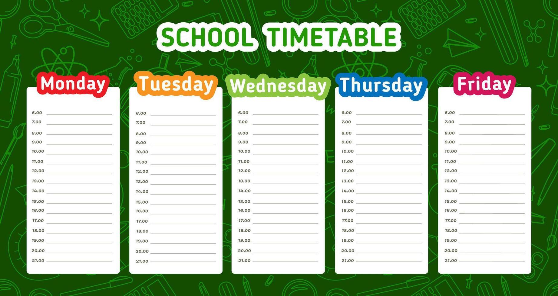 Colorful school timetable template with weekly schedule from Monday to Friday. Includes time slots for organizing subjects and activities, students,planner,educational materials. illustration vector