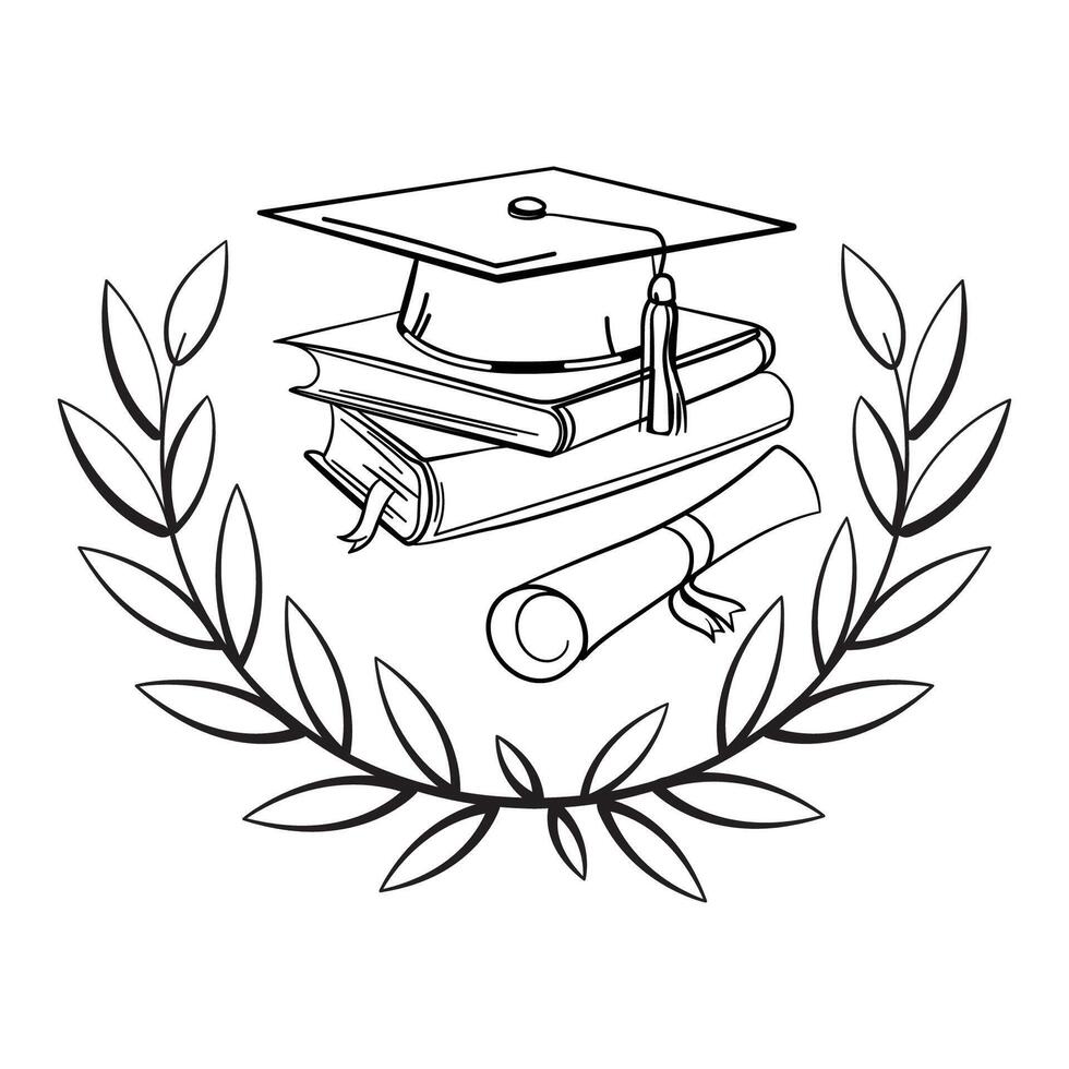 Graduation concept line art graduation cap, books, diploma, and laurel wreath symbolizing academic achievement and education success. Suitable for university,school,learning themes. illustration vector