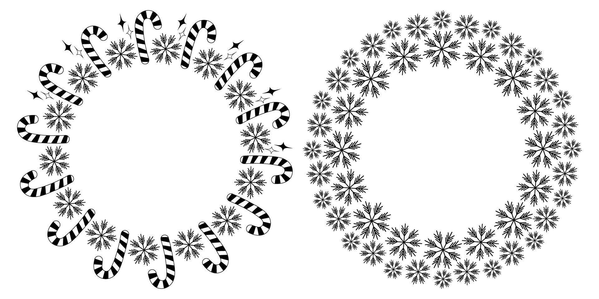 Striped Candy Cane and Snowflakes Outline Circular Frame Christmas Greeting Copyspace Template Set 2. Isolated Outline illustration Thematic Cards, posters, labels or web promo leaflets, banner vector