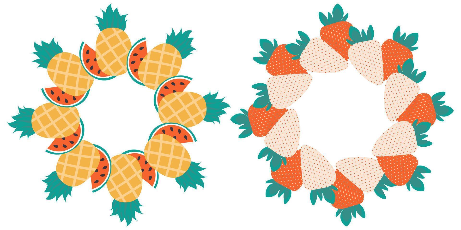 White and red strawberry Circle Frame border in trendy doodle minimalist. Summer Copy space Template. Isolated illustration Thematic or menu cards, leaflets, greetings, label or web promo vector
