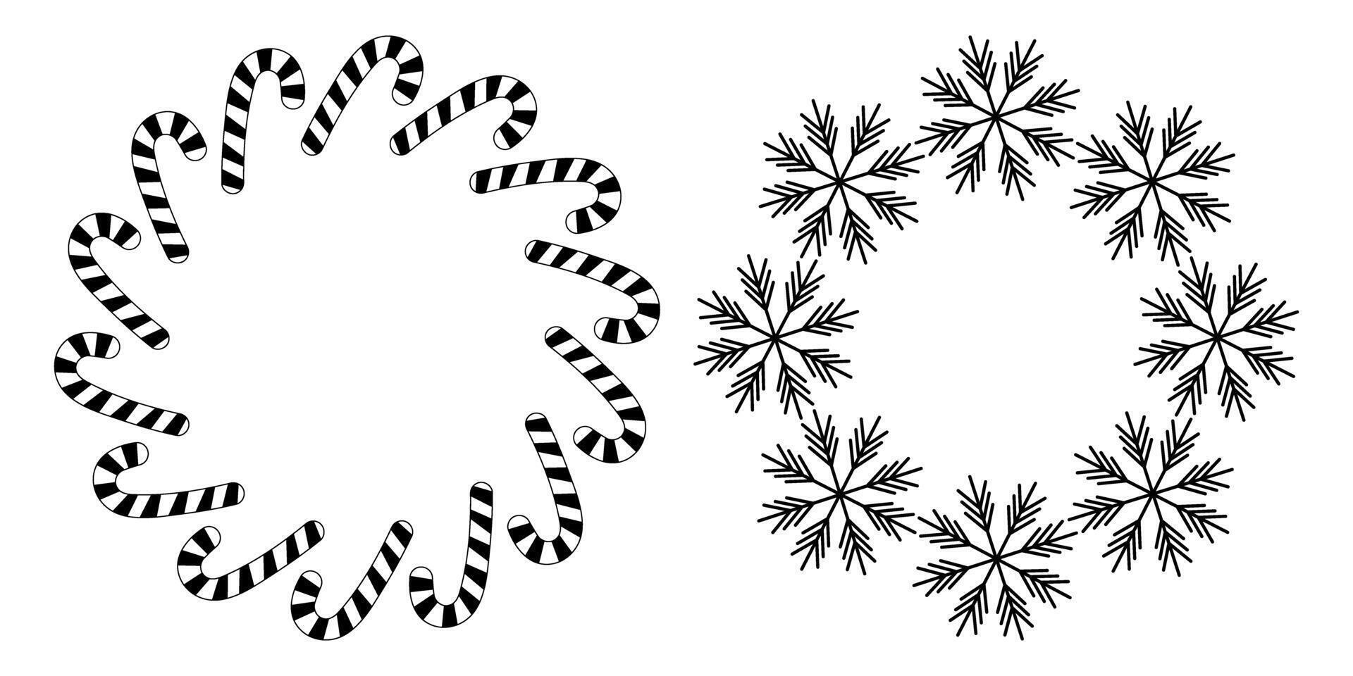 Striped Candy Cane and Snowflakes Outline Circular Frame Christmas Greeting Copyspace Template Set 2. Isolated illustration Greeting Cards, poster, price tag, label or web promo banner, leaflet vector