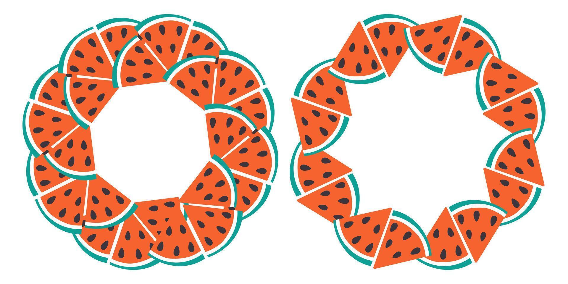 Triangular Watermelon slices Circular Frame border Watermelon Day greeting Copy space Template Set 2. Isolated illustration Thematic cards or web promo banner, leaflets, print materials, price vector