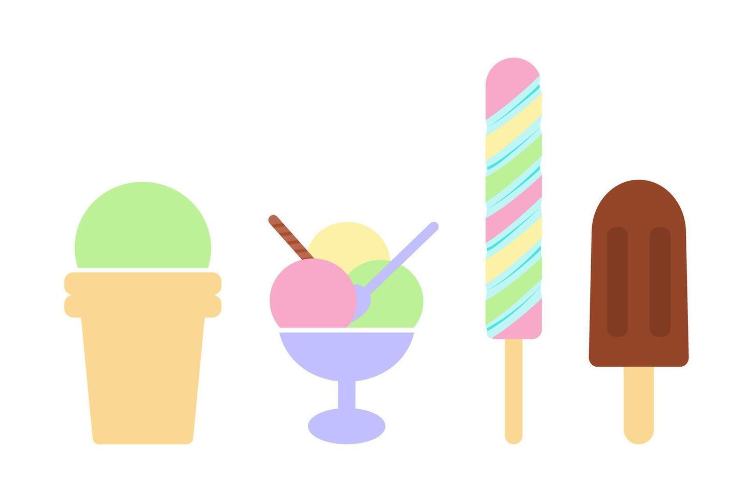 Pistachio ice cream in waffle cap Various ice cream balls in bawl Rainbow Swirl and Eskimo on stick. Isolated illustration Thematic cards, kids party invite, candy shop branding, summer ads tag vector