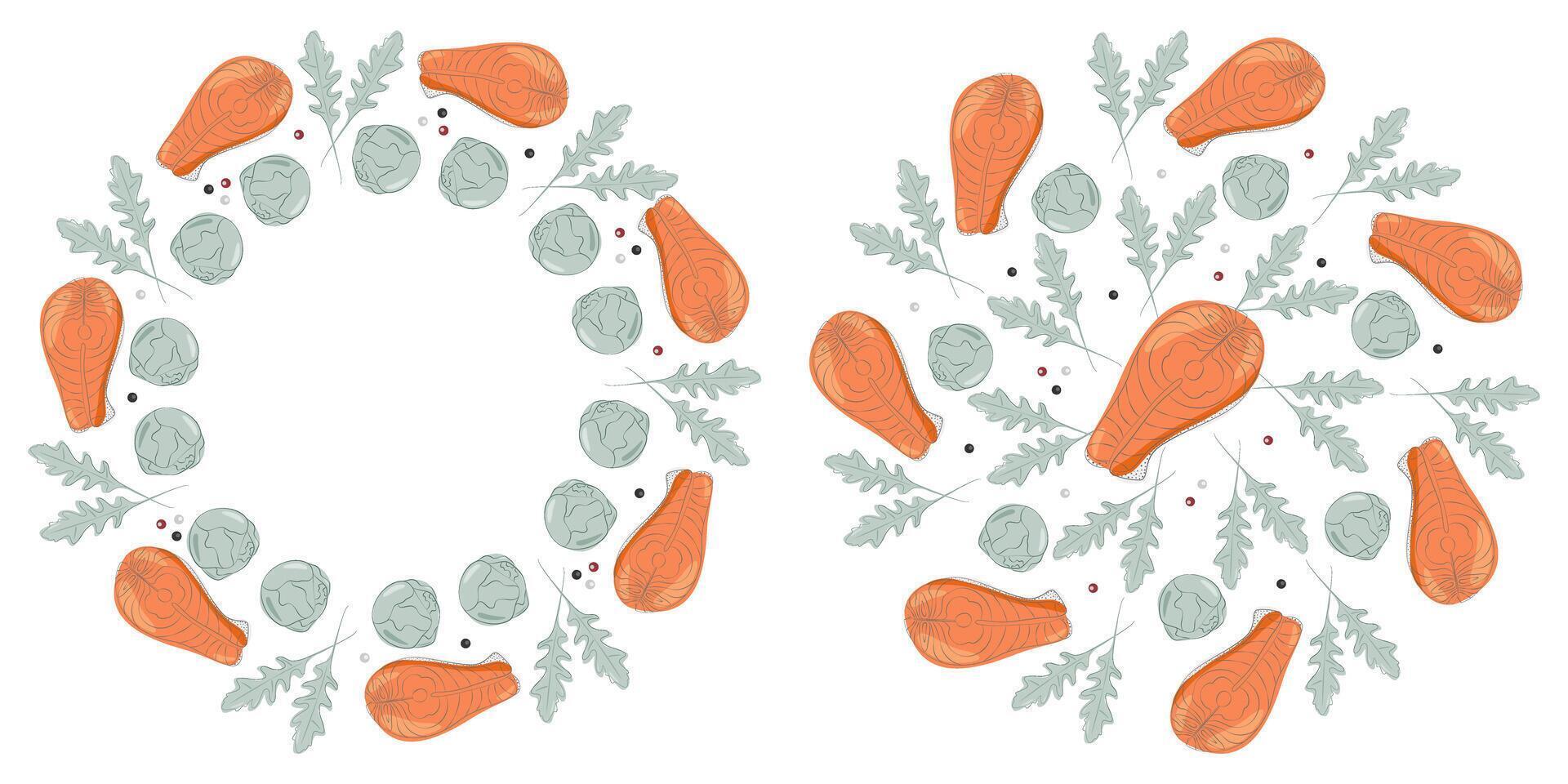 Salmon steak Arugula Brussels sprout Heads Allspices Circular Frame border and Round Background idea. Copy space Template Isolated illustration Thematic card, leaflet, label or web promo banner vector