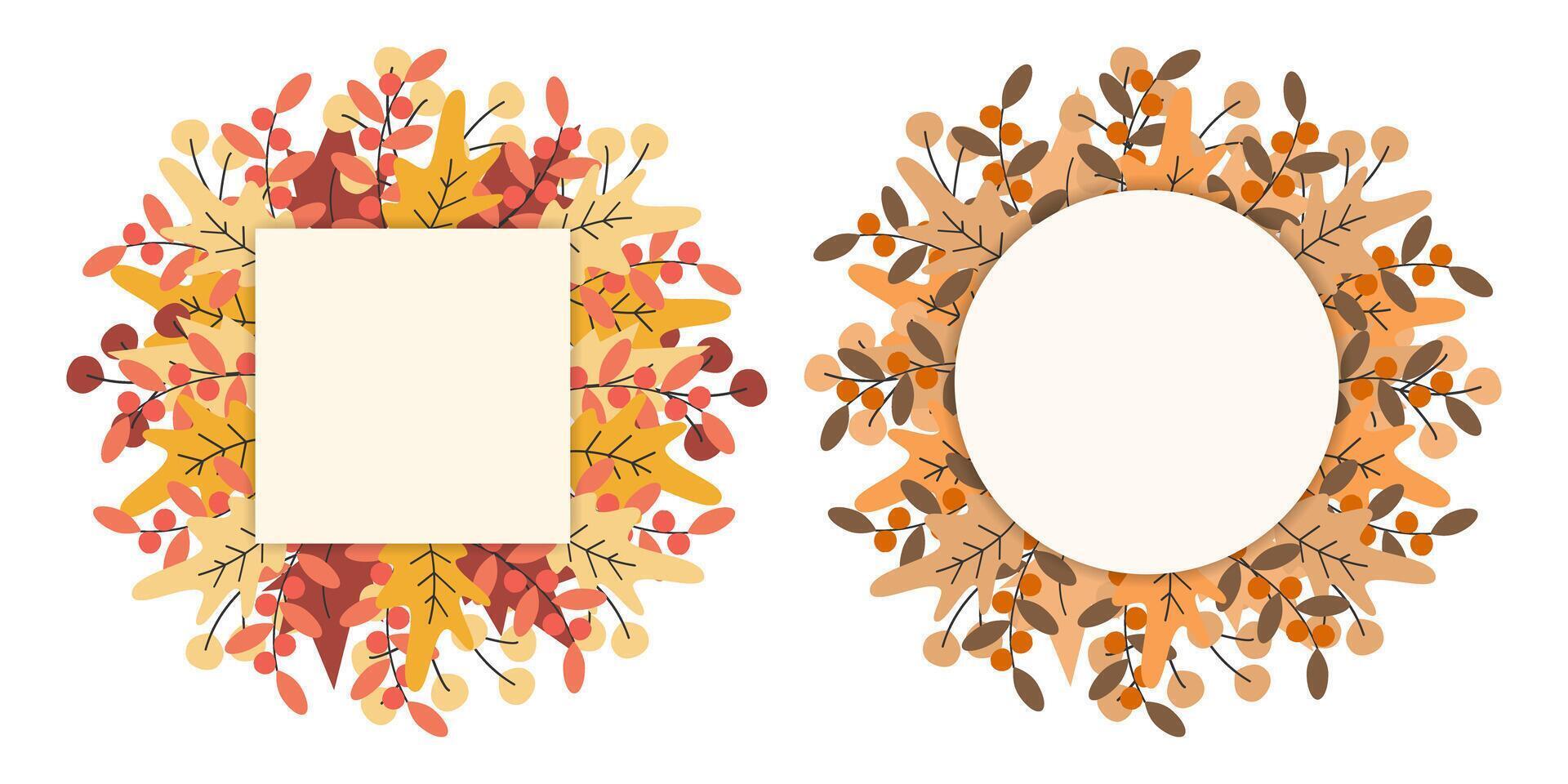 Autumn leaves, twig and berry wreath Square and Round Frame border Copy space Template concept Set 2. Isolated illustration Thematic Greetings cards, posters, banners, brochures or web promo ad vector