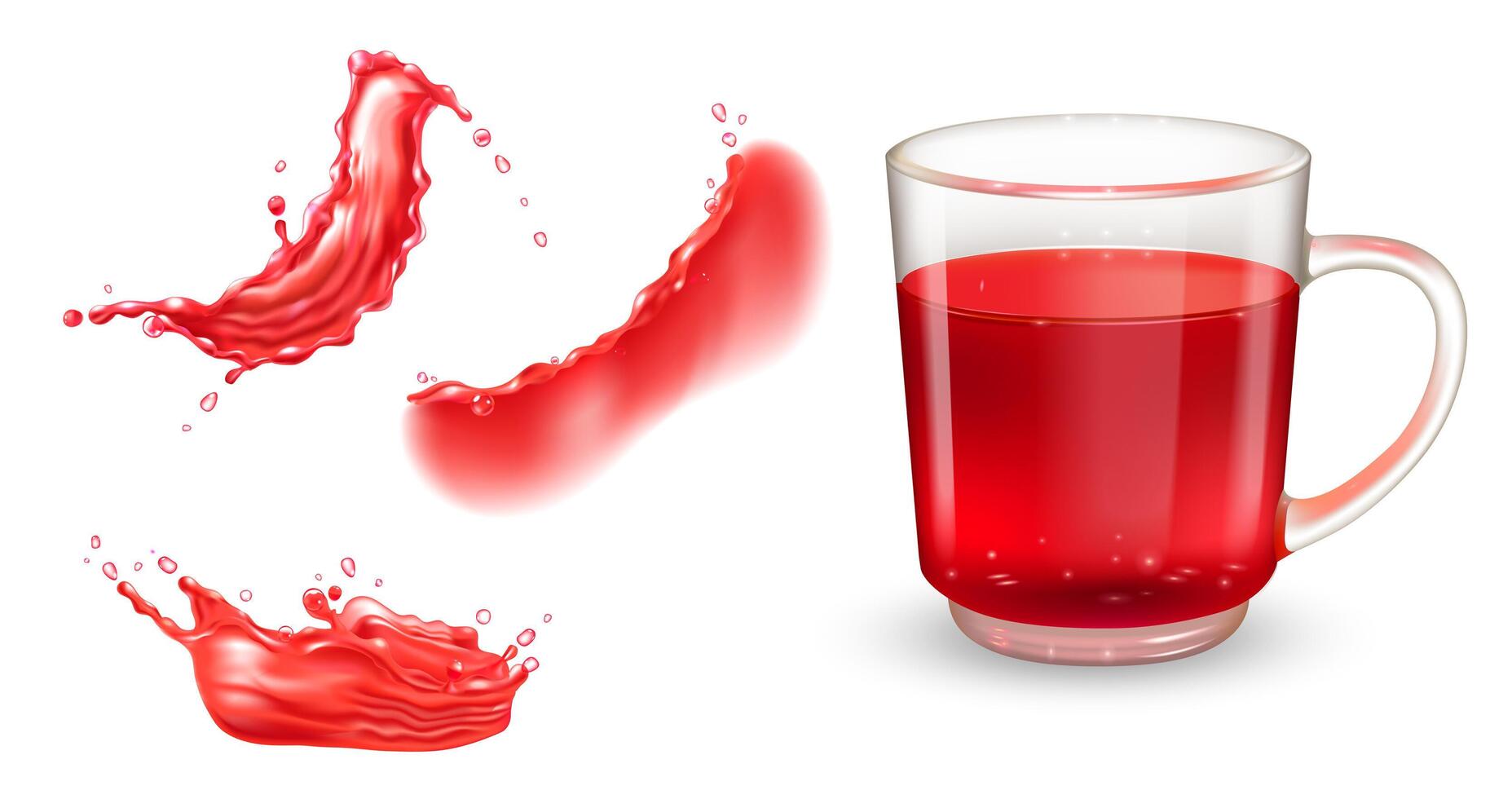 Set of tea transparent cup with red hibiscus tea and red liquid splashes. Realistic design elements. vector