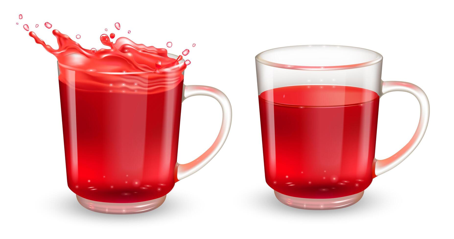 Set of tea transparent cups with red hibiscus tea. Realistic design elements. vector