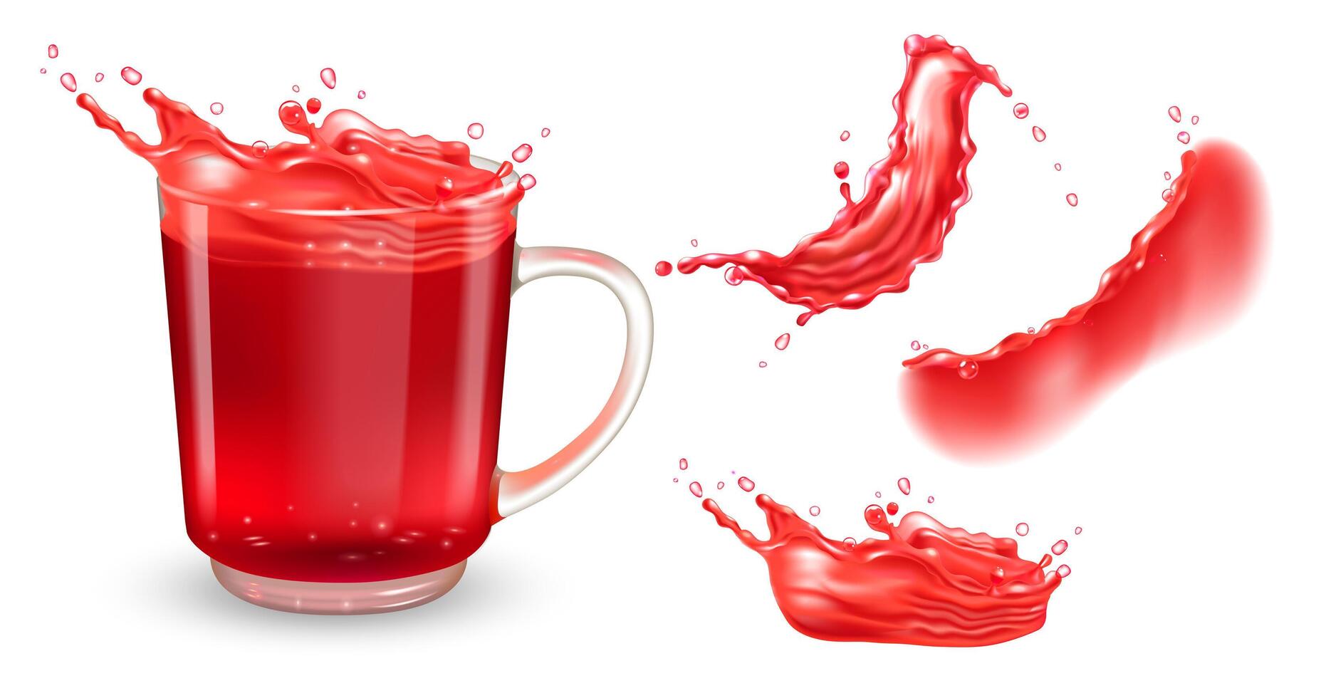 Set of tea transparent cup with red hibiscus tea and red liquid splashes. Isolated on white background. Realistic design elements. vector