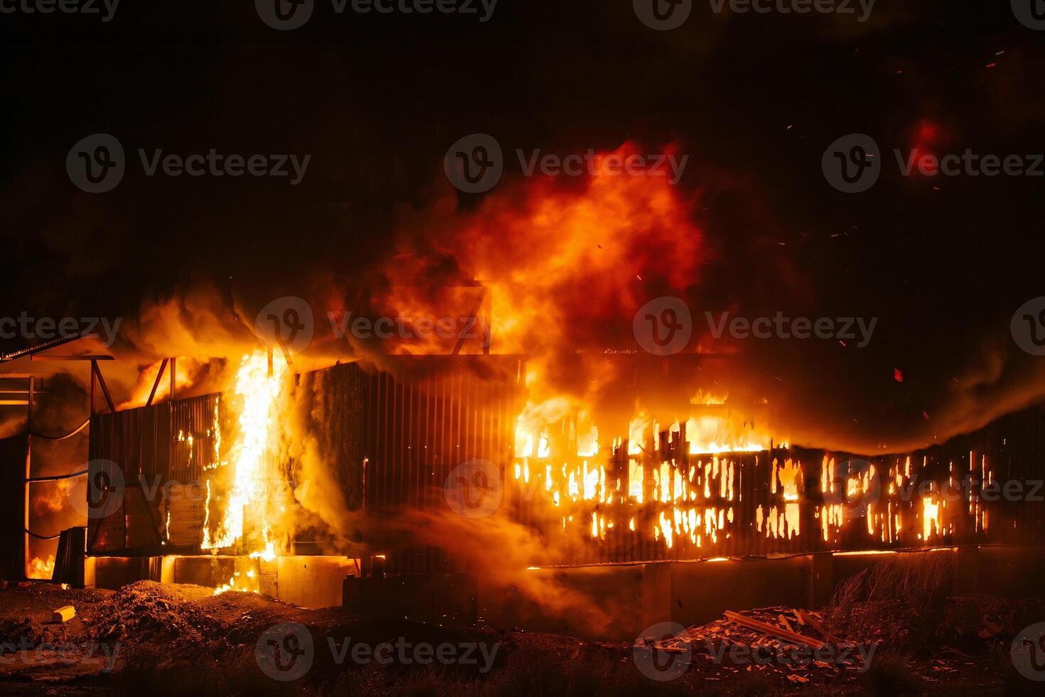 Exploding warehouse Burning industrial building. Big blaze at night photo
