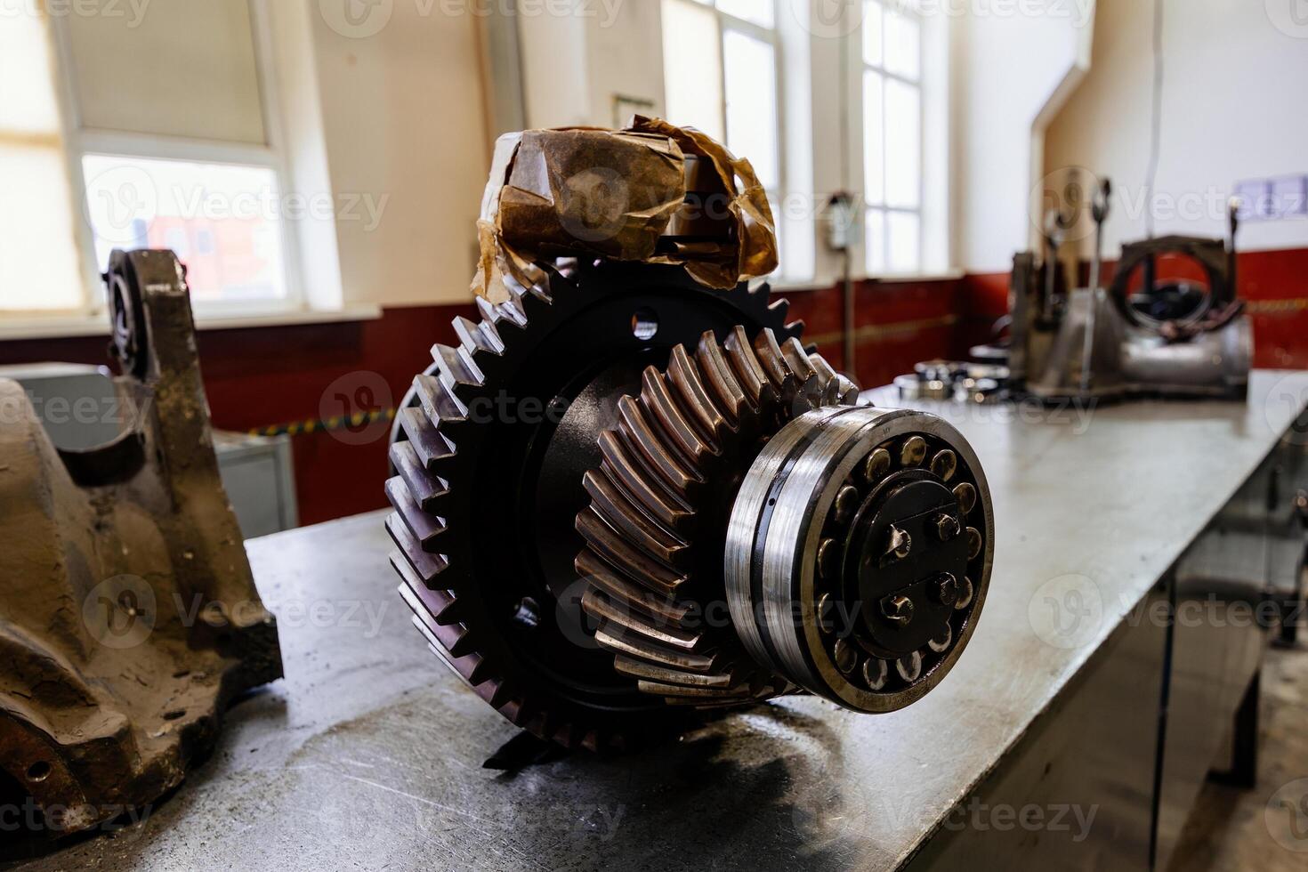 Part of car gearbox. Gears of gearshift transmission, close up photo