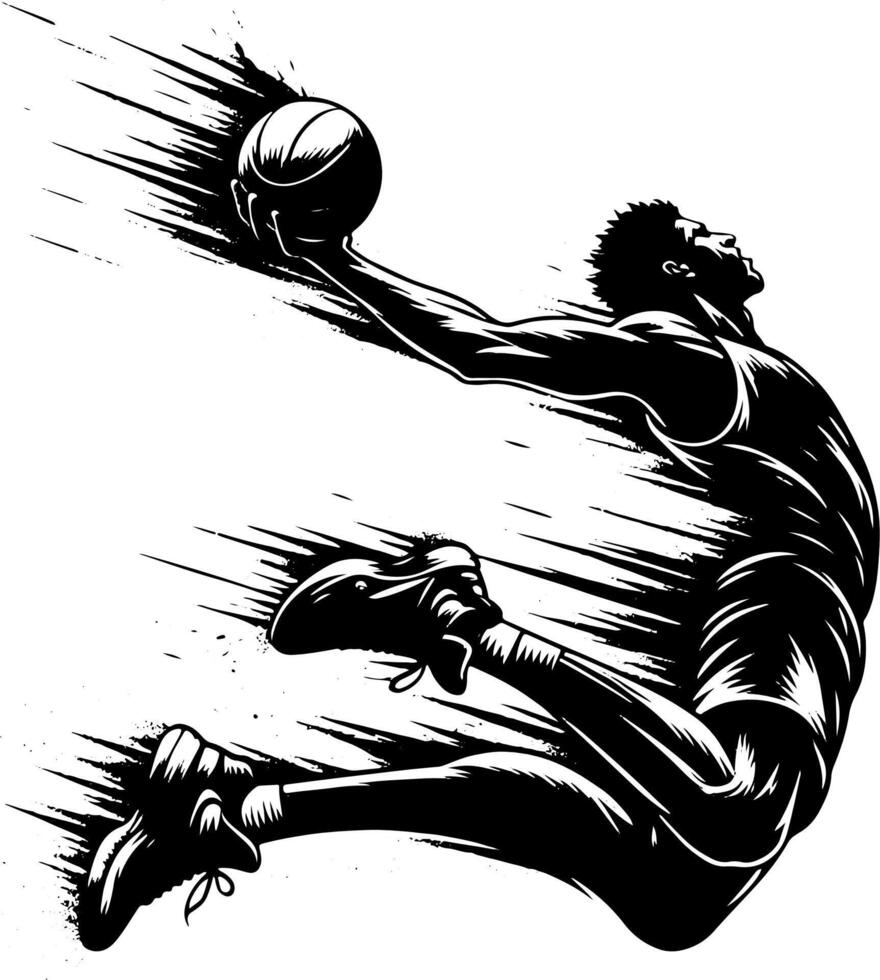Basketball Player Slam Dunk, Black And White Basketball Silhouette. vector