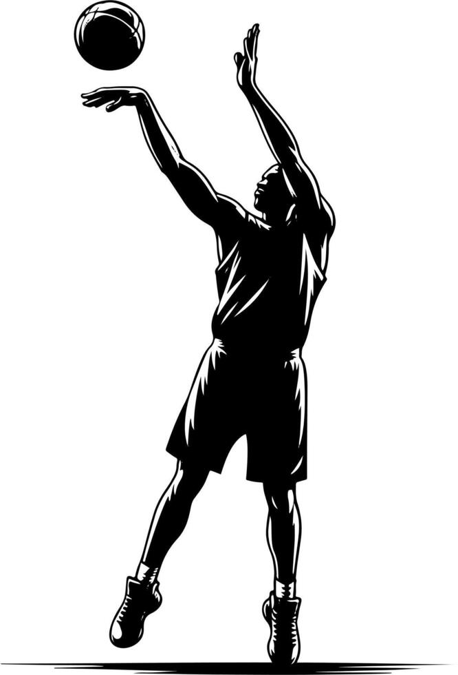 Basketball Player Taking A Shot, Black And White Basketball Silhouette. vector