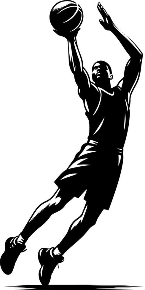 A Basketball Player Trying A Jump Shot, Black And White Basketball Silhouette. vector