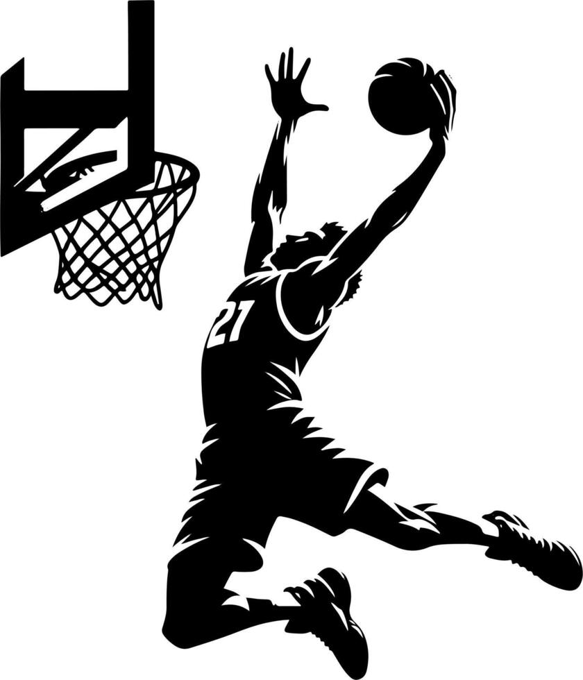 Basketball Player Going For A Slam Dunk, Black And White Basketball Silhouette. vector