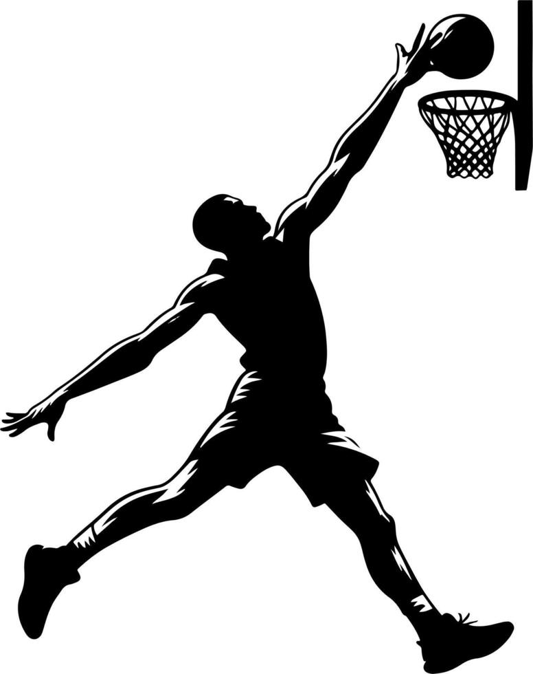 Basketball Player With A Dunk, Black And White Basketball Silhouette. vector