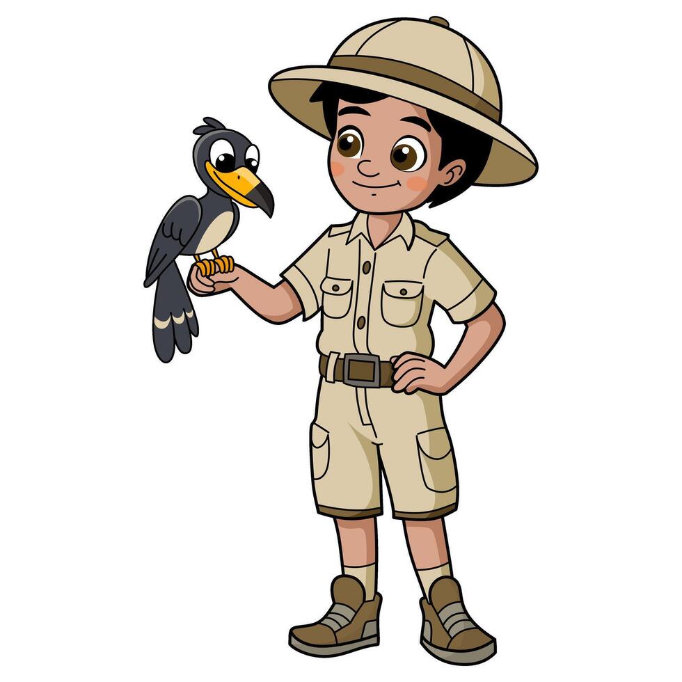 Zookeeper boy with bird illustration by hand drawn vector
