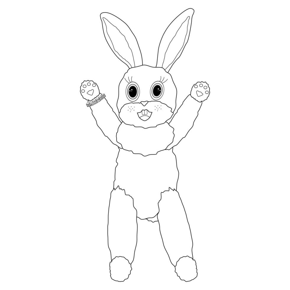 Black and white outline of a cute Easter bunny with raised paws, perfect for coloring and holiday fun. vector