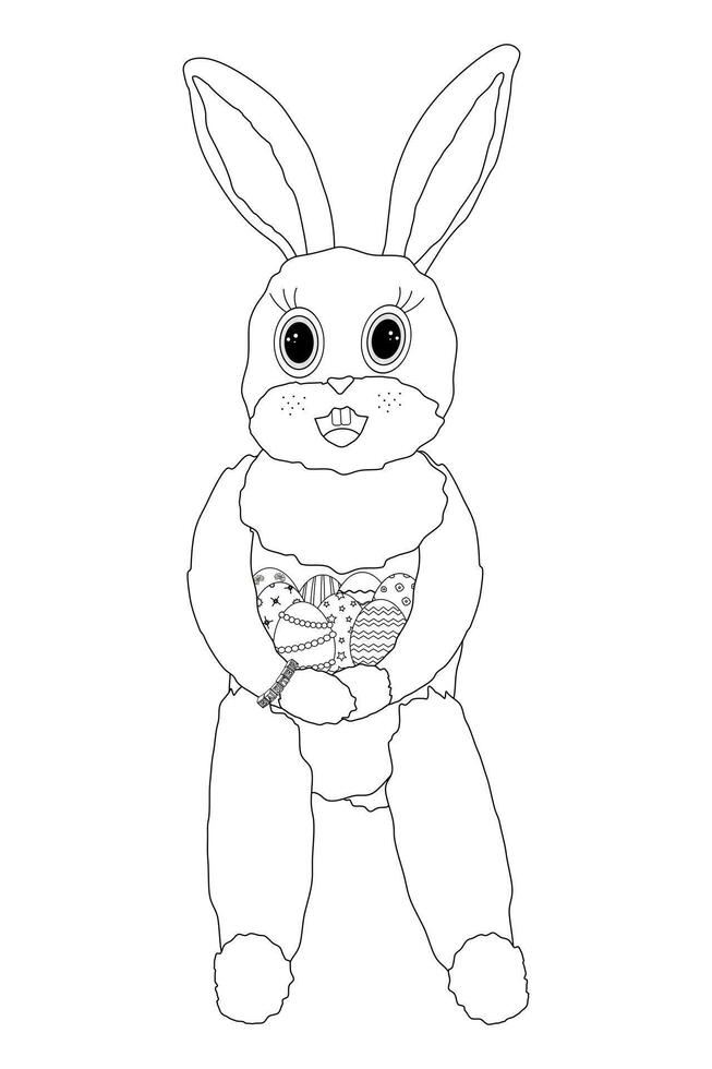 Black and white Easter coloring page featuring an adorable bunny holding a collection of decorated Easter eggs. vector