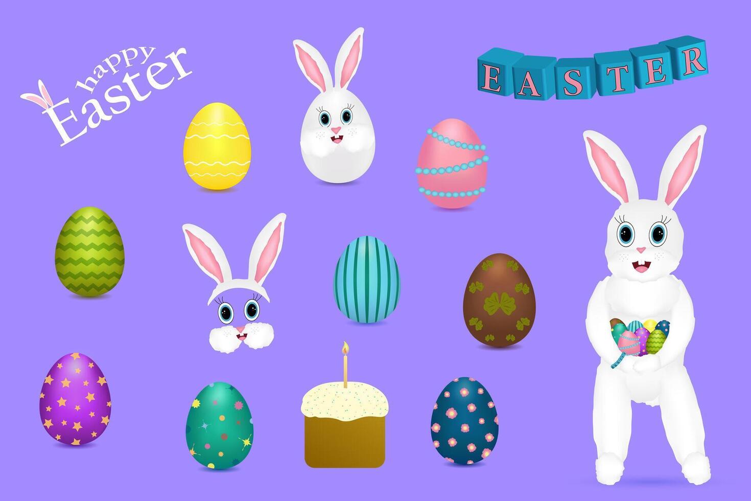 A festive Easter clipart set featuring decorated eggs, a bunny, a cake, and Happy Easter text on a purple background. vector