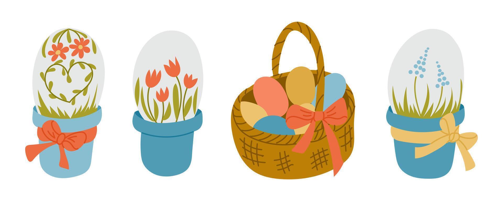 Set of Easter-themed illustrations with decorated eggs in flower pots, a woven basket with colorful eggs, and floral elements tied with ribbons in a pastel color palette vector
