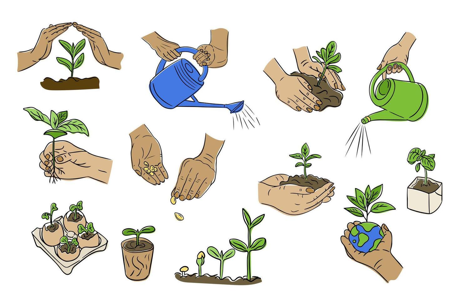 Collection of hand drawn illustrations depicting hands planting, watering, and caring for seedlings, symbolizing growth, sustainability, and environmental care. doodle illustration isolated vector