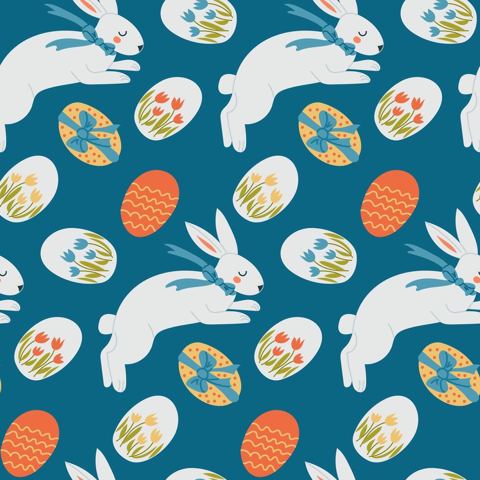Seamless Easter pattern with white rabbits with blue bows, decorated eggs with floral motifs, and a vibrant blue background, perfect for festive textiles, wrapping paper. illustration vector