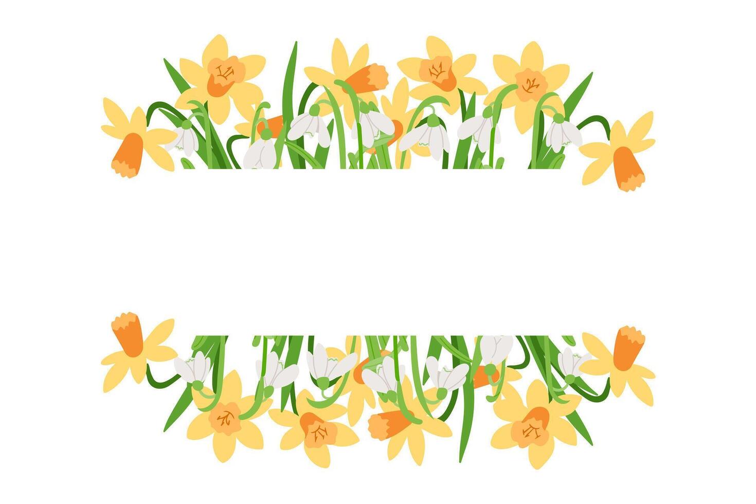 Floral banner illustration with yellow daffodils and delicate white snowdrops, creating a natural spring frame with space for text, perfect for invitations and seasonal designs. illustration vector