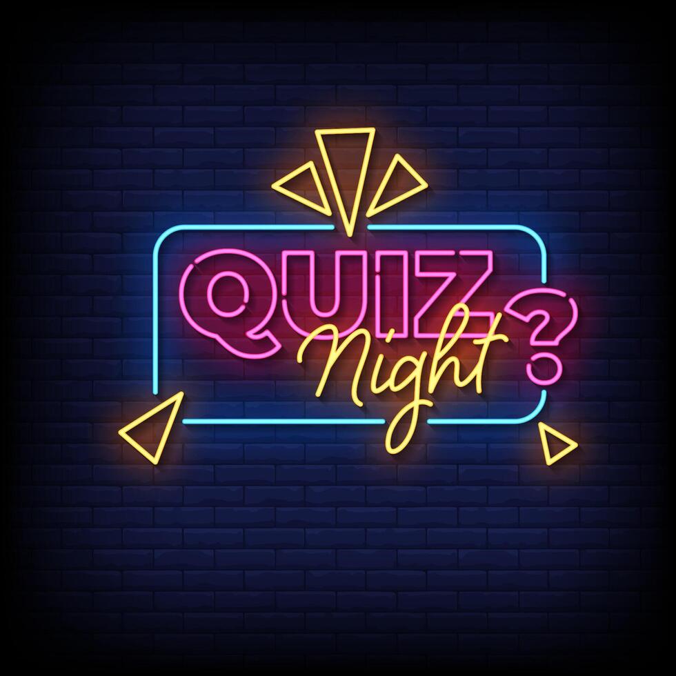 quiz night neon sign with brick wall background vector