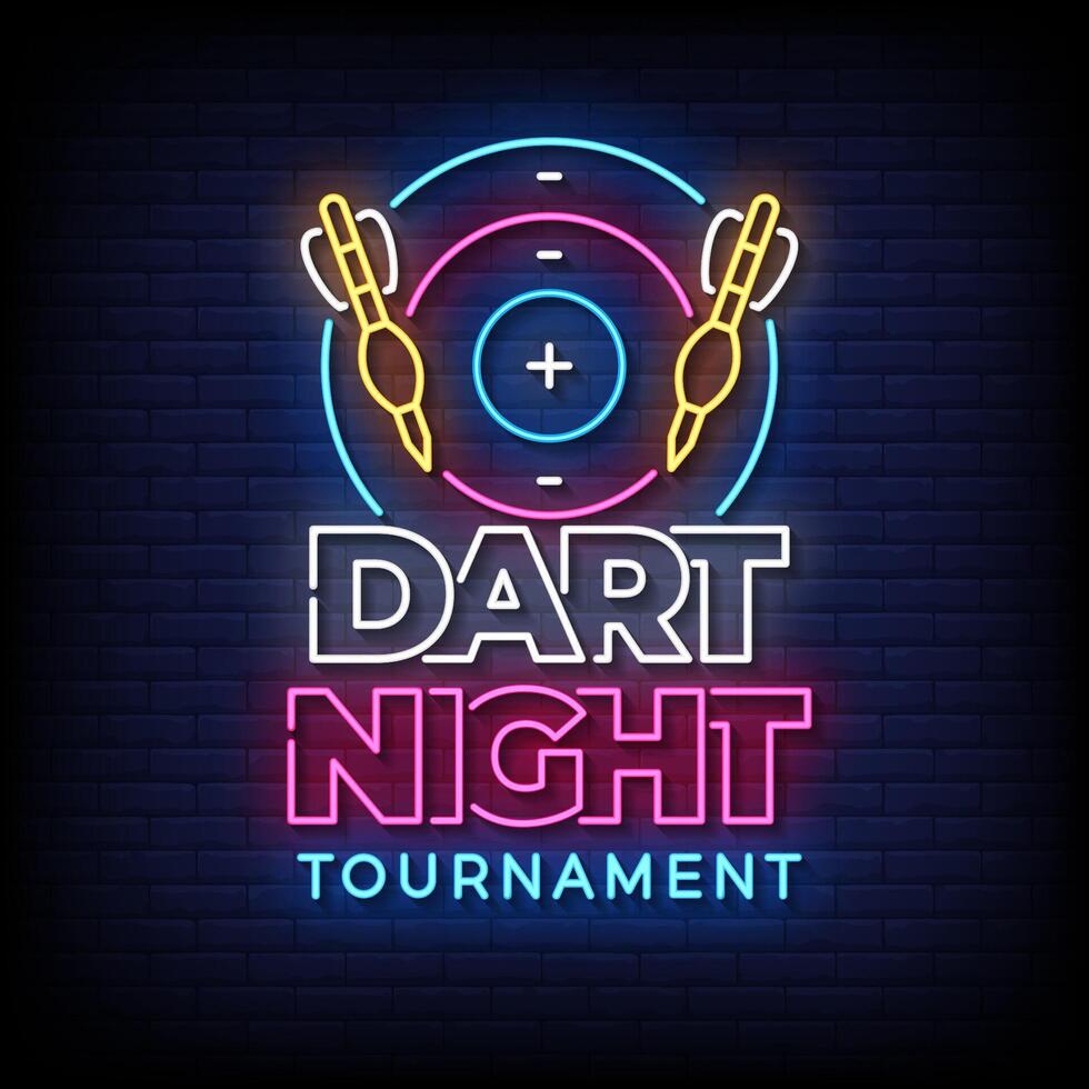 dart night tournament neon sign with brick wall background vector