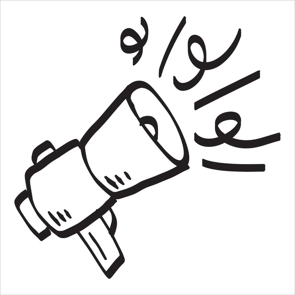Loudspeaker doodle drawing. Sketch propaganda. Marketing megaphone announce or broadcast. Emergency bullhorn speaker. Cartoon loud alert warning vector