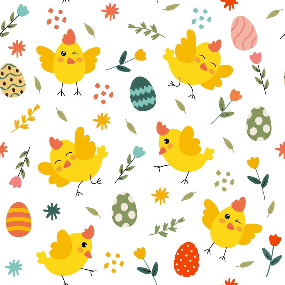 Cheerful Easter Chick Pattern with Eggs and Flowers vector