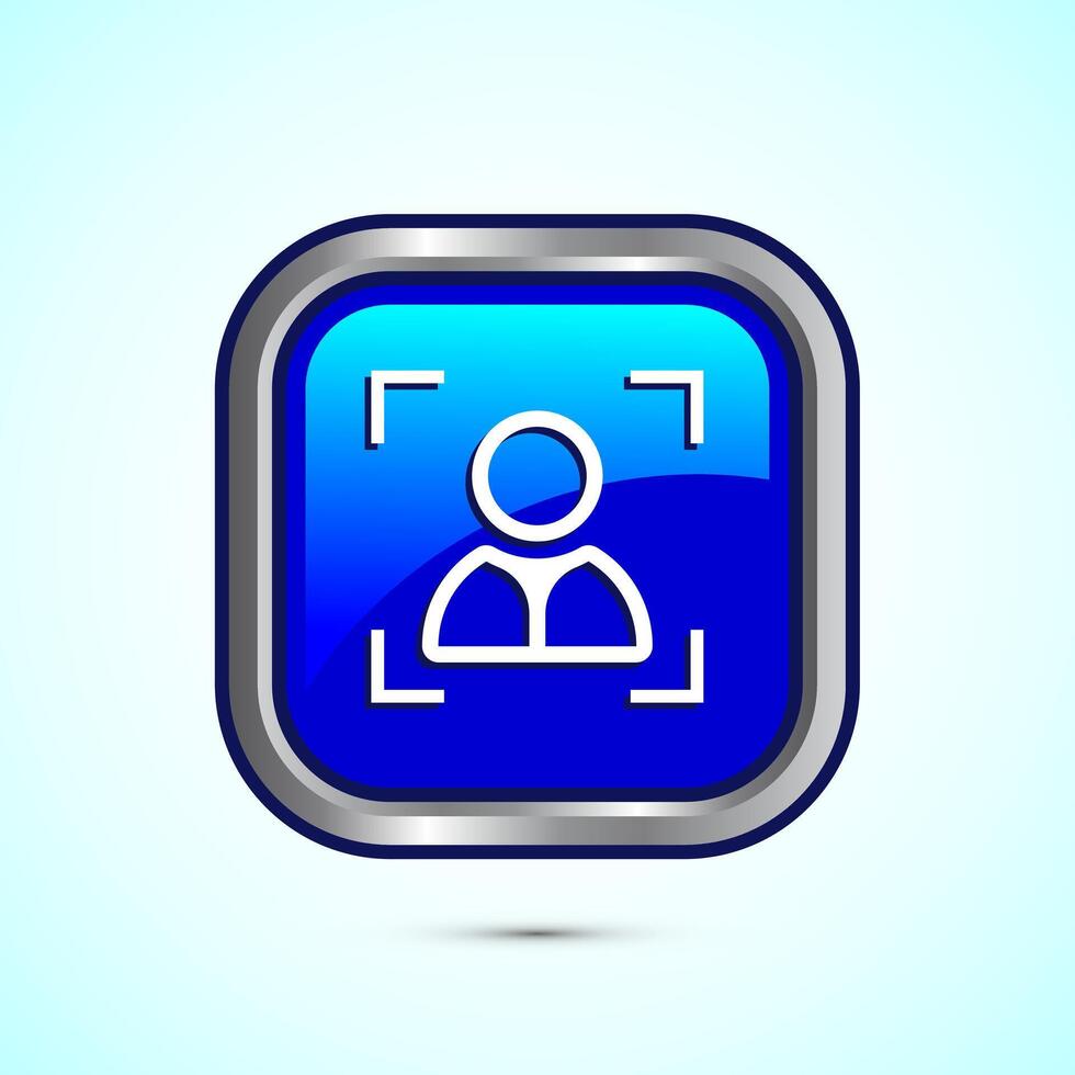 Face recognition icon design illustration, Face scanning sign, biometric icon, Blue color square button design vector