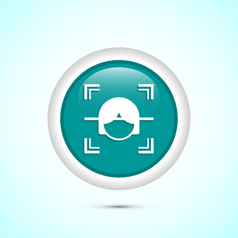 Face recognition icon design illustration, Face scanning sign, biometric icon, Teal color round button design vector