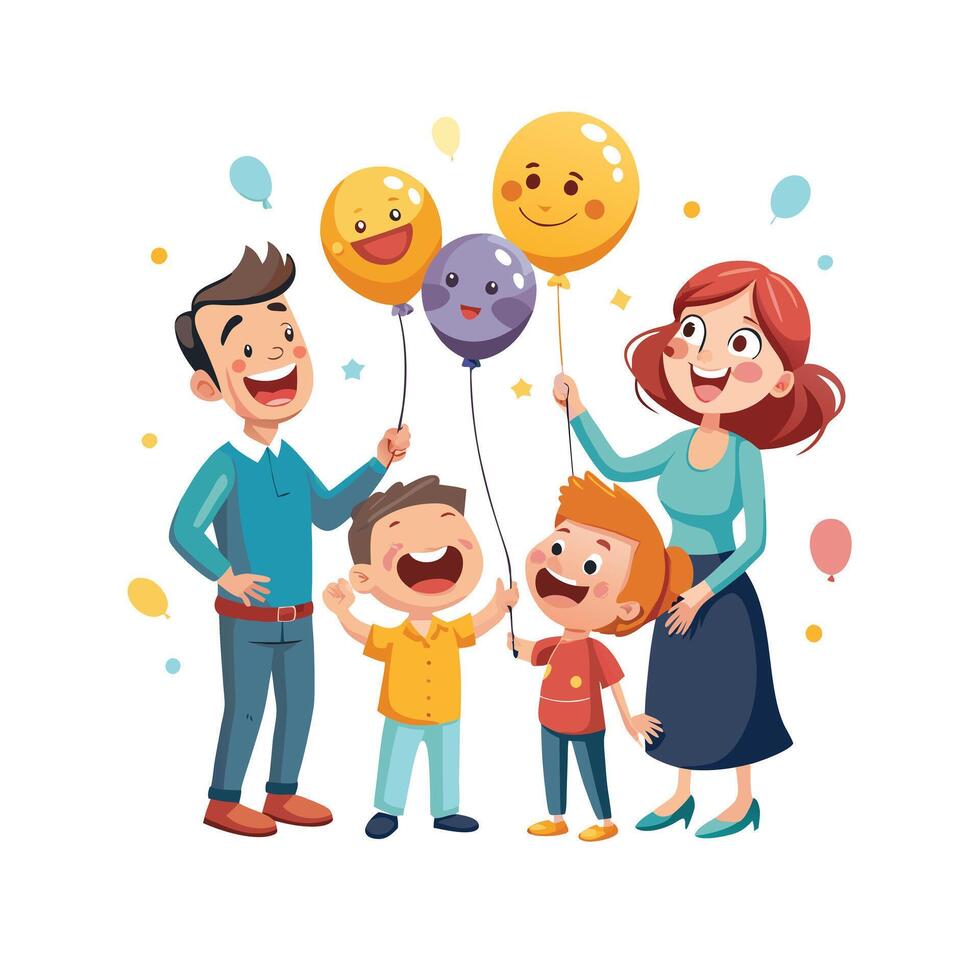 Family Drawing Silly Faces on Balloons and Having a Blast Together vector