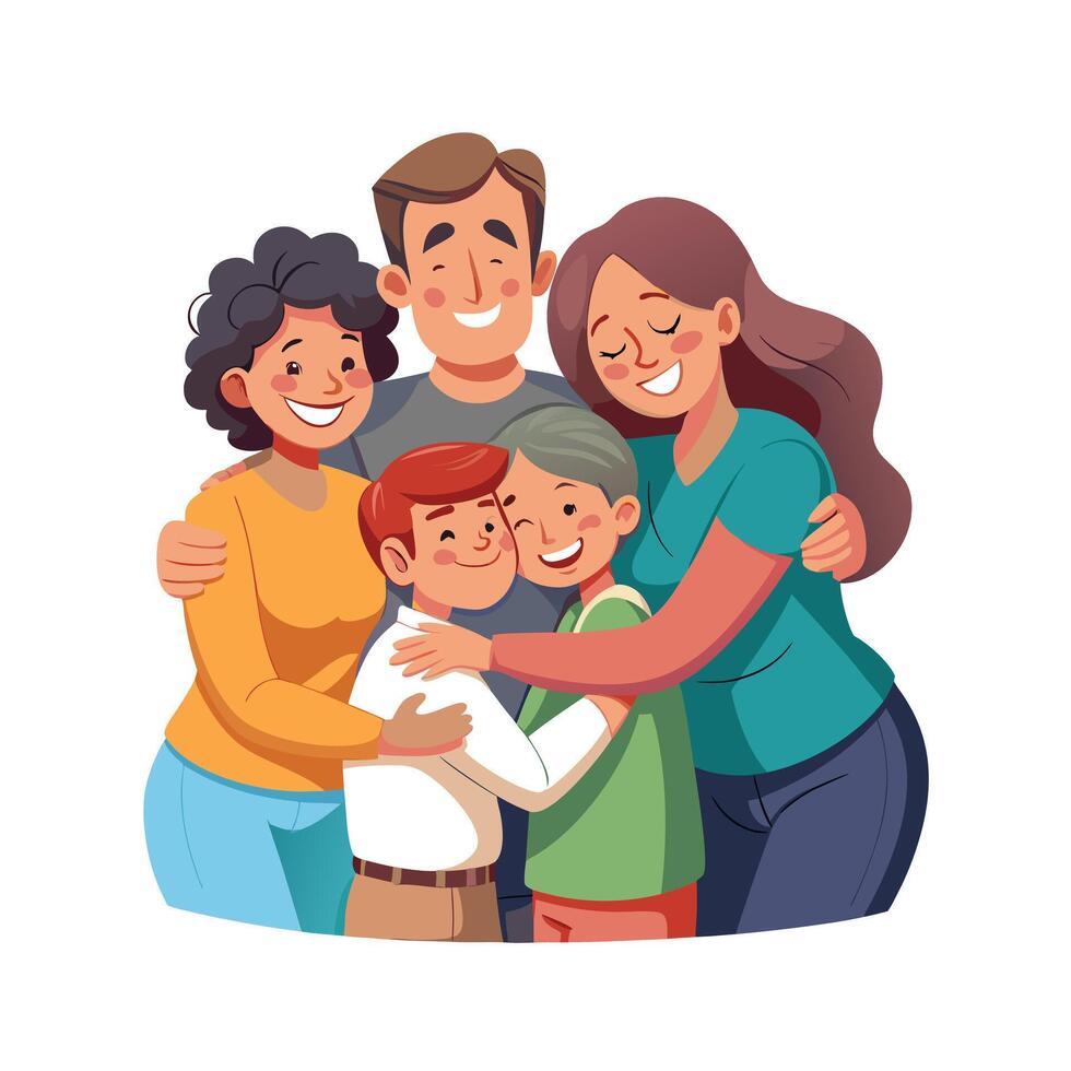 Family Bonding Over Doing a Group Hug for a Heartwarming and Emotional Moment Together vector