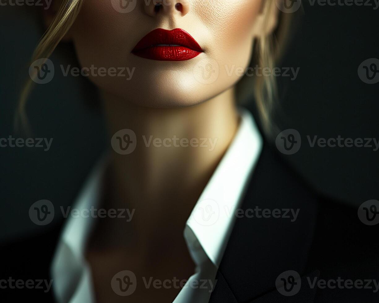 Beautiful blonde woman with red lips and black suit photo