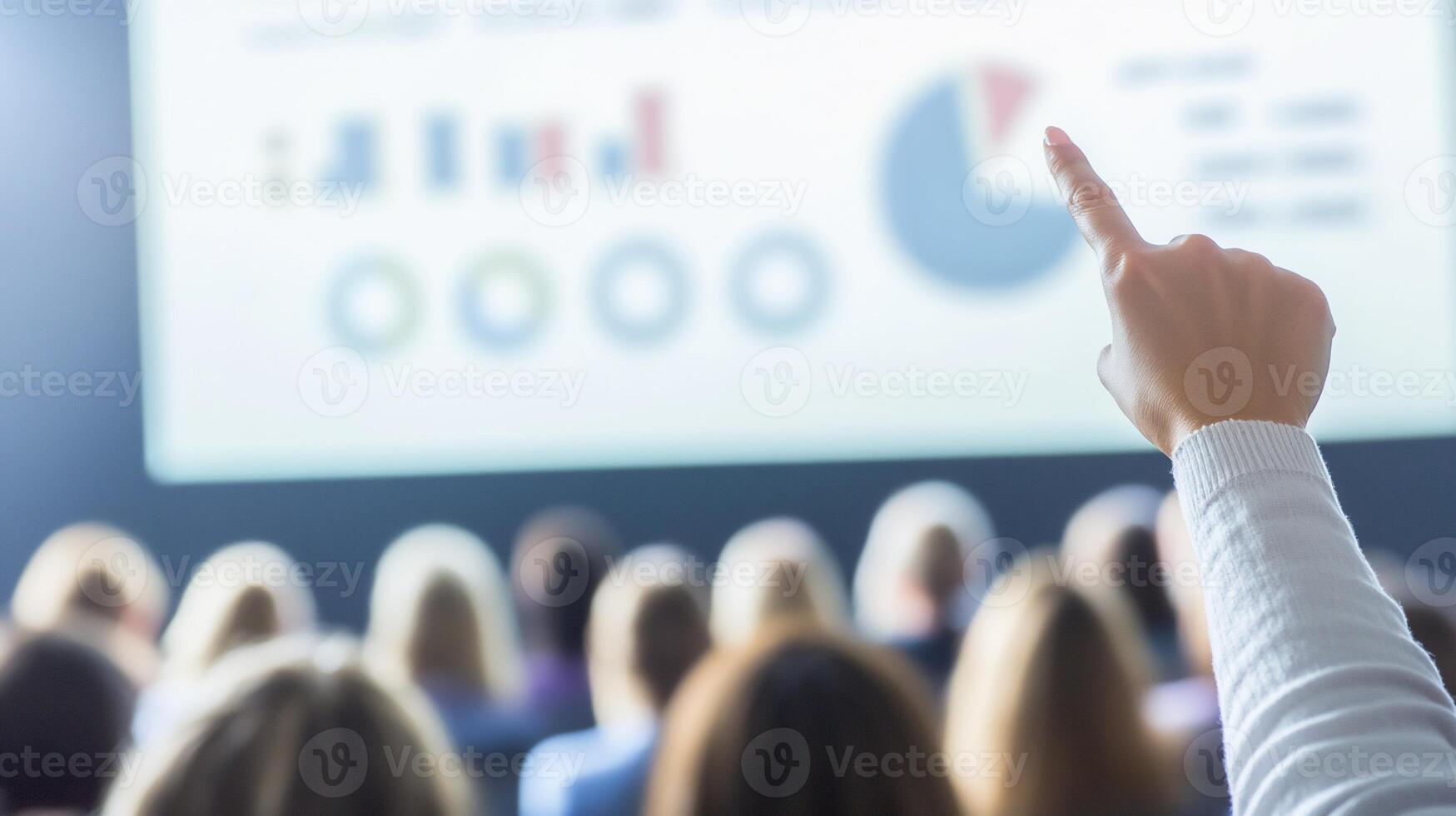 Business presentation, question, audience, data, meeting photo