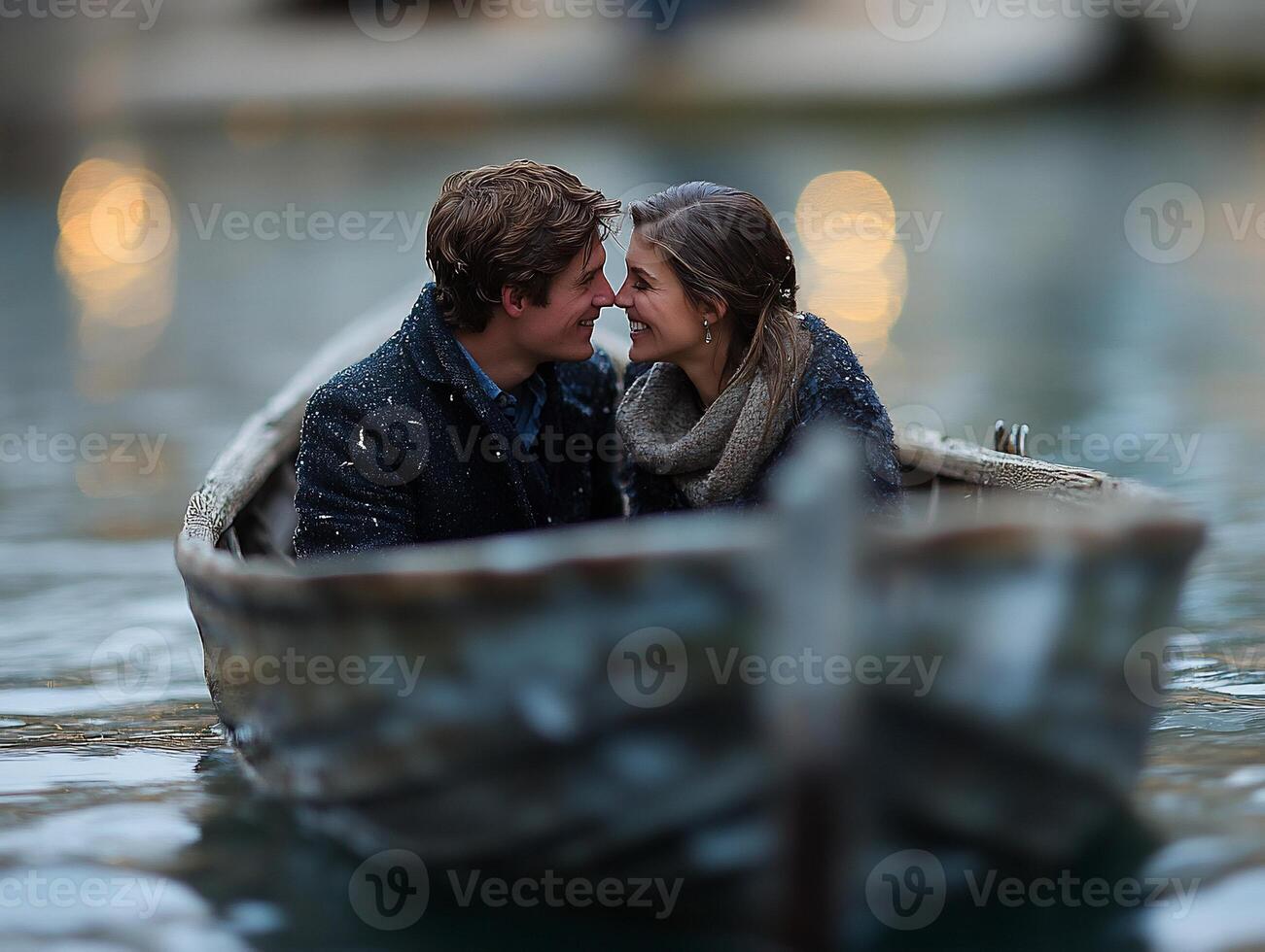 Couple kissing in rowboat, winter lights photo