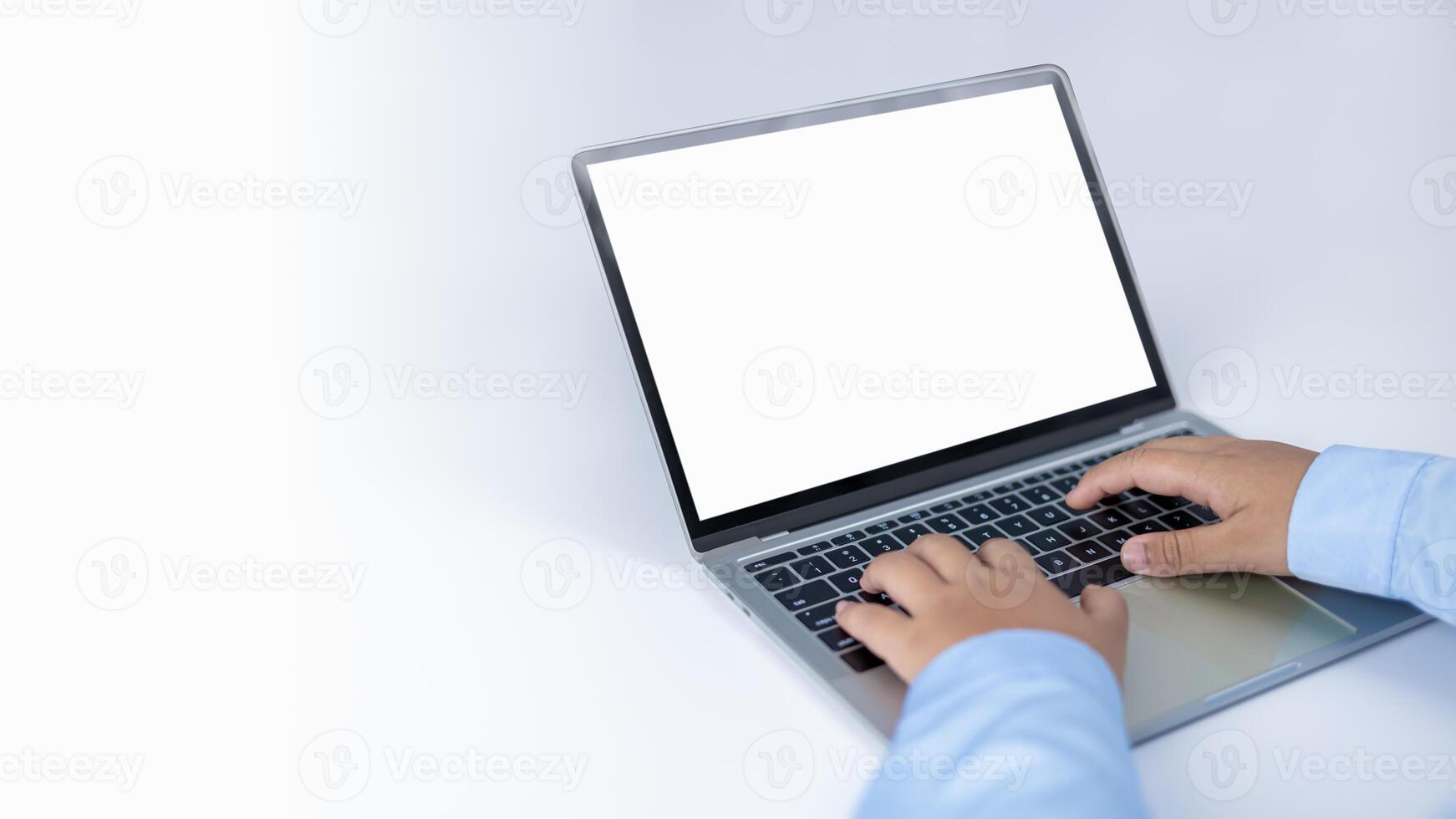 Mockup screen blank, Workspace white background new project on laptop computer with blank copy space screen for your advertising text message, Laptop with blank screen and placed on a black table. photo