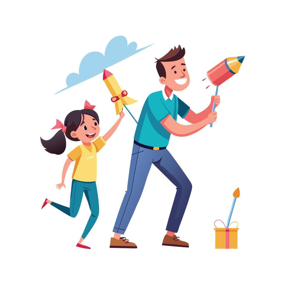 Father and Daughter Launching DIY Stomp Rockets in the Backyard vector