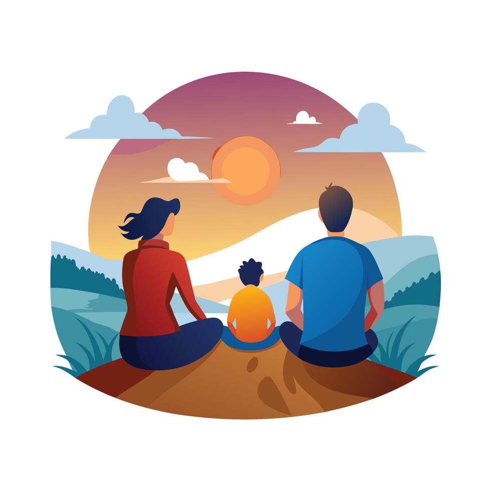 Family Bonding Over Watching Sunset Together for a Peaceful and Heartwarming Activity Together vector