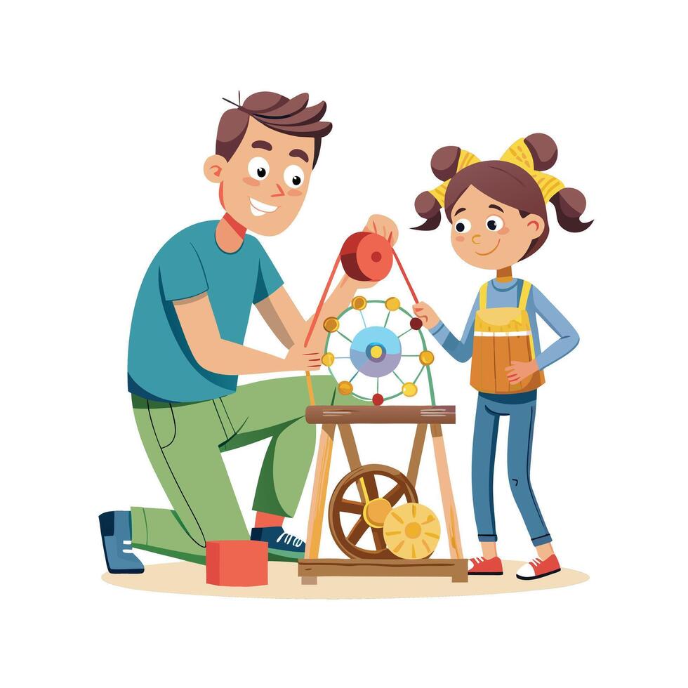 Father and Daughter Constructing a Mini Cardboard City Together vector
