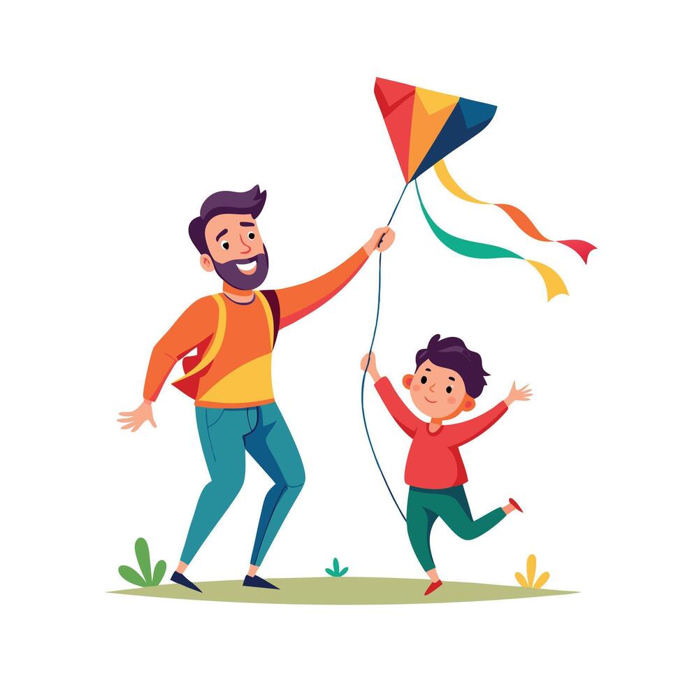 Father and Child Bonding Over Flying a Kite for a Bright and Cheerful Activity Together vector