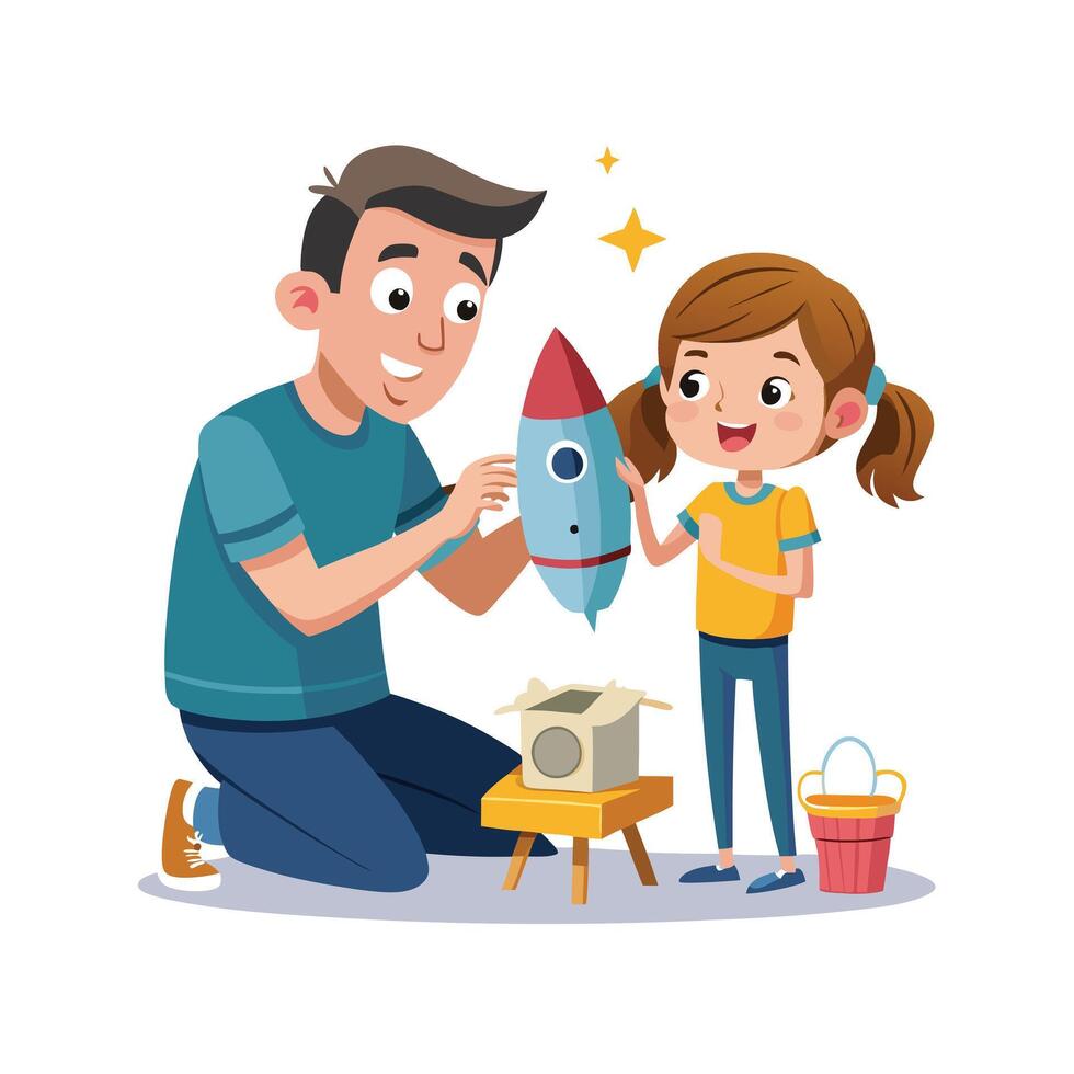 Father and Daughter Creating a DIY Space Rocket with Cardboard and Paint vector