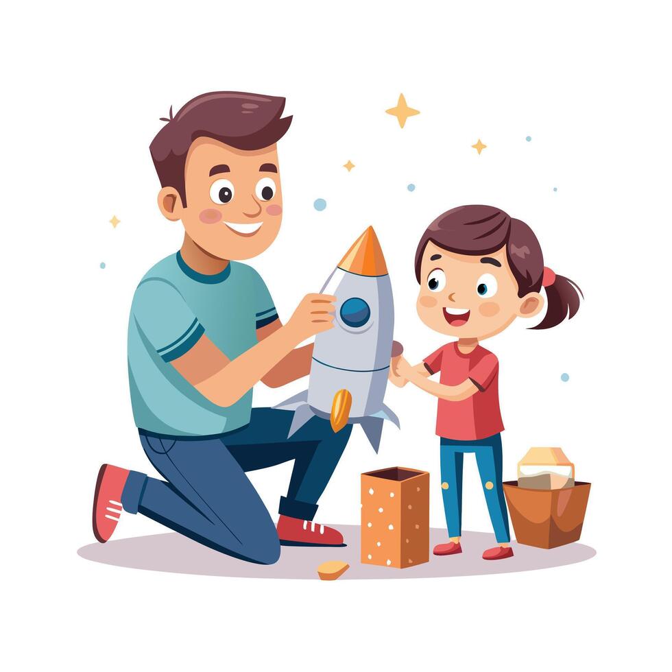 Father and Daughter Launching a DIY Space Rocket in the Backyard vector